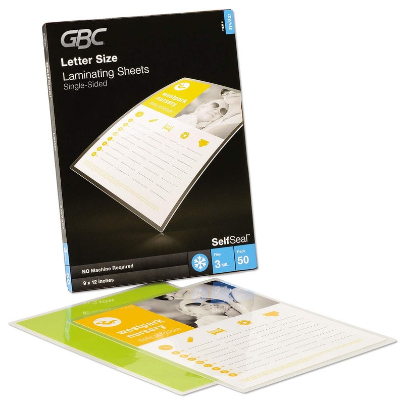 GBC Swingline Laminating Sheets, Self Adhesive Pouches, Letter Size, Glossy, 3 Mil, Self Seal, 50 Pack (3747307)
