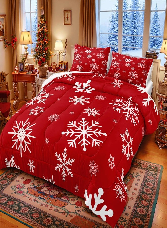 Bedding_Dreamer طقم لحاف عيد الميلاد بحجم كوين بتصميم ندفة الثلج، أبيض وأحمر. - Image 1