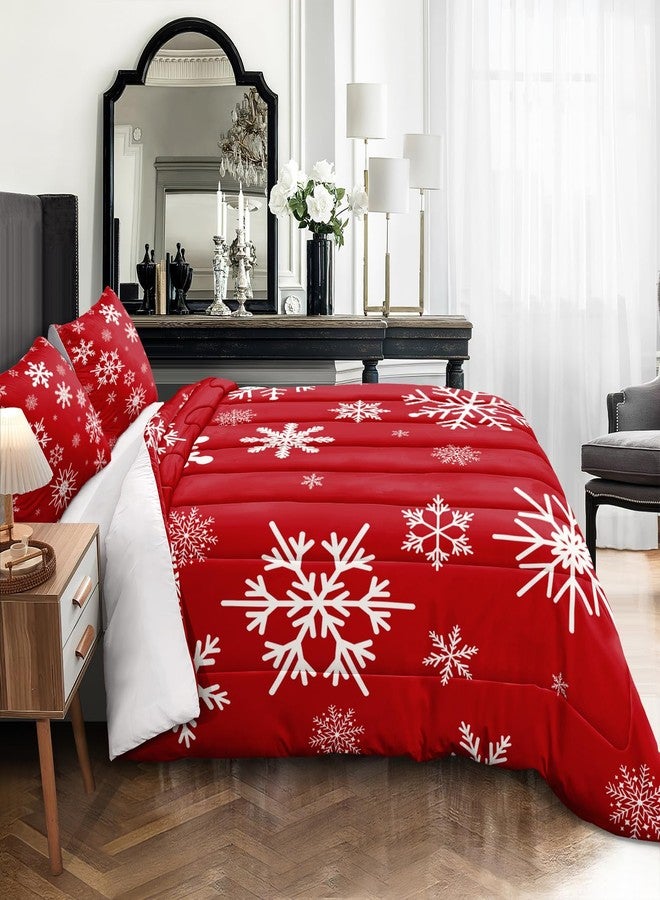 Bedding_Dreamer طقم لحاف عيد الميلاد بحجم كوين بتصميم ندفة الثلج، أبيض وأحمر. - Image 3