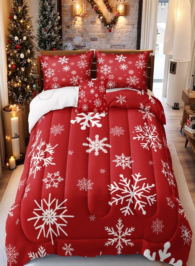 Bedding_Dreamer طقم لحاف عيد الميلاد بحجم كوين بتصميم ندفة الثلج، أبيض وأحمر. - Image 2