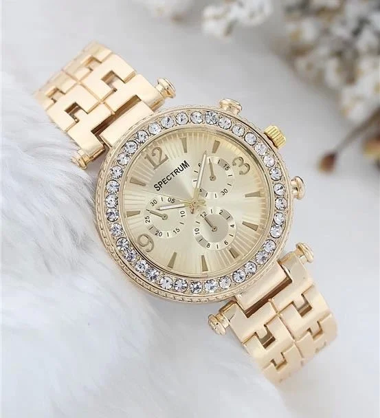 Open Cart New Kr Elegant and Stylish Special Design Zircon Stone Metal Ladies Wristwatch (Gold)