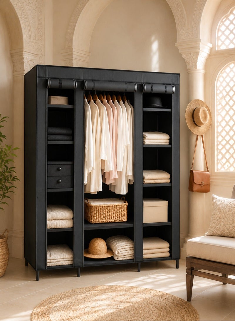 Roman Gifts Fabric Canvas Wardrobe Clothes Storage Organiser Black - Image 1