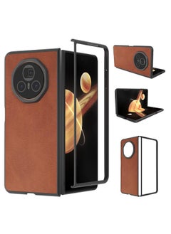 For Honor Magic V3 Black Frame Two-color Calf Texture PU Phone Case(Brown)