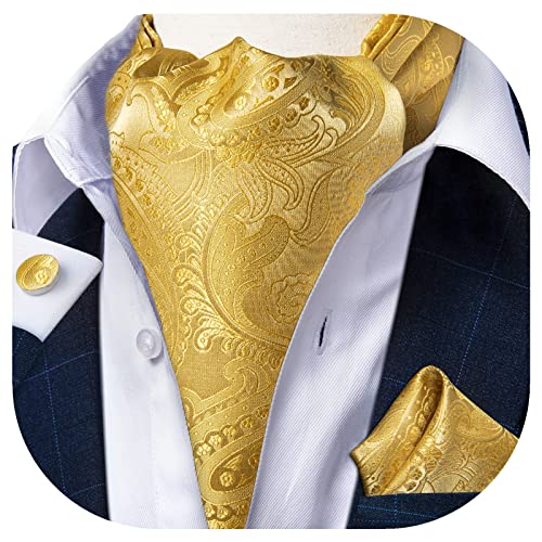 DiBanGu Gold Ascot Ties for Men Cravat Tie and Pocket Square Set Jacquard Silk Ascot Paisley Cravat for Men - Image 2