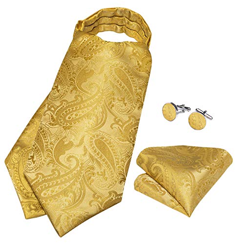 DiBanGu Gold Ascot Ties for Men Cravat Tie and Pocket Square Set Jacquard Silk Ascot Paisley Cravat for Men - Image 4