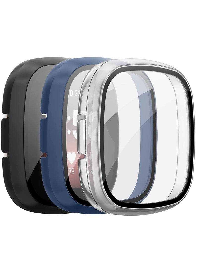 3-Pack HD Tempered Glass Screen Protector for Fitbit Sense/Versa 3, Sensitive Touch Protective Case with Full Coverage Bumper, Hard PC Cover in Blue/Black/Transparent. - Image 1