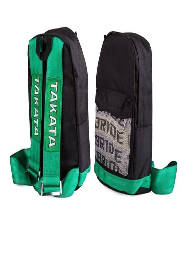 AUTO MT Bride Racing Backpack with Green Takata Adjustable Racing Harness Shoulder Straps Stylish Sporty Look Bag pack (1PC). - Image 1