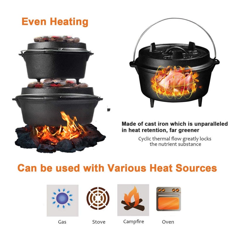 Overmont Camp Dutch Oven Pre Seasoned Cast Iron Lid Also a Skillet Casserole Pot with Lid Lifter for Camping Cooking BBQ Baking 6QT(Pot+Lid) - Image 2