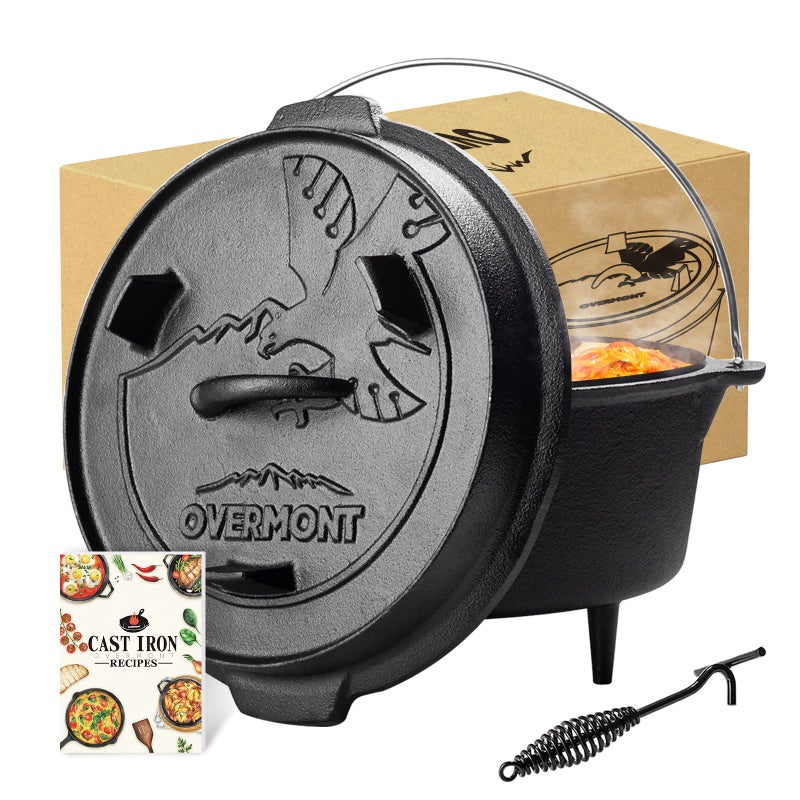 Overmont Camp Dutch Oven Pre Seasoned Cast Iron Lid Also a Skillet Casserole Pot with Lid Lifter for Camping Cooking BBQ Baking 6QT(Pot+Lid) - Image 1