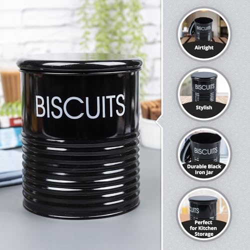 MARKET 99 Matte Black Metal Biscuit Jar 1700ml | Airtight Cylindrical Kitchen Storage Container | Stylish Canister for Snacks, Cookies & Dry Items | Ideal Organizer for Pantry & Countertop Use - Image 2