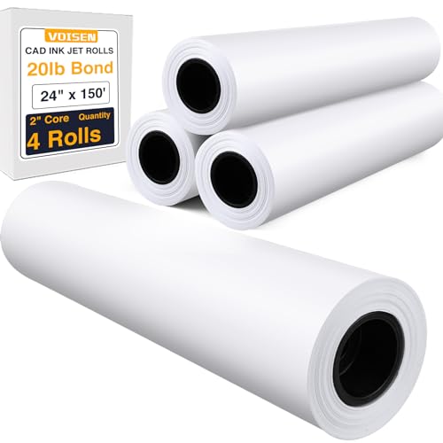 VOISEN Wide Format Paper,4 Rolls Plotter Paper 24 In x 150 Ft, CAD Bond Rolls,20lb,Bond Paper on 2" Core for CAD Printing on Wide Format Ink Jet Printers - Image 1