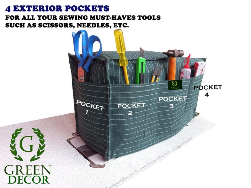 GREEN DECOR Piece of 1 Waterproof Sewing Machine Cover for Domestic Industrial with 4 Storage Pockets Tailoring Silai Machine Compatible with Most Standard Singer Juki JackGreen 21X85X11 Inch - Image 4