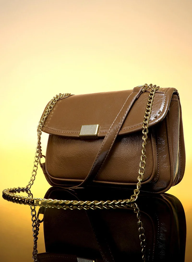 Haute Sauce Solid Magnet Lock Regular Vegan Leather Sling Bag with Detachable Strap For Women