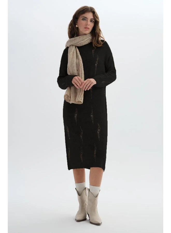 Sherin Black Long Torn-Pattern Knit Dress.