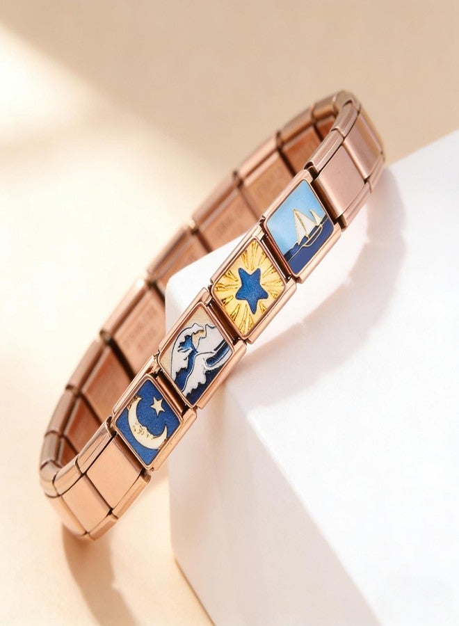 Double Fair Rose Gold Italian Charm Bracelet - 18-Link 7.2" Stainless Steel 9mm Bracelet with 4 Interchangeable Charms(Moon/Wave/Sailboat) & Opening Tool for Women - Image 2
