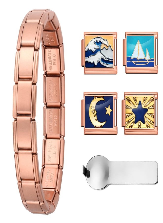 Double Fair Rose Gold Italian Charm Bracelet - 18-Link 7.2" Stainless Steel 9mm Bracelet with 4 Interchangeable Charms(Moon/Wave/Sailboat) & Opening Tool for Women - Image 1
