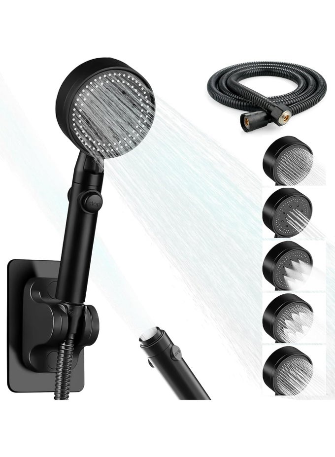 HIGH PRESSURE HANDHELD SHOWER HEAD WITH 6 SPRAY MODES, ON/OFF PAUSE BUTTON, 59" EXTRA LONG HOSE, WALL MOUNT HOLDER, ADJUSTABLE WATER FLOW FOR BATHROOM & PET BATHING (MATTE BLACK)
