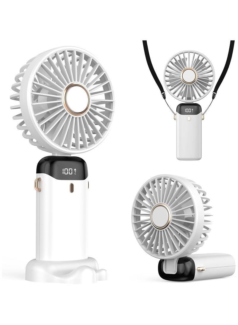 مروحة يدوية محمولة قابلة لإعادة الشحن، مروحة صغيرة تعمل ببطارية 5000 مللي أمبير في الساعة، 5 سرعات وشاشة LED، مروحة مكتب طويلة الأمد للمكتب وغرفة النوم والأنشطة الخارجية والسفر (أبيض) - Image 1
