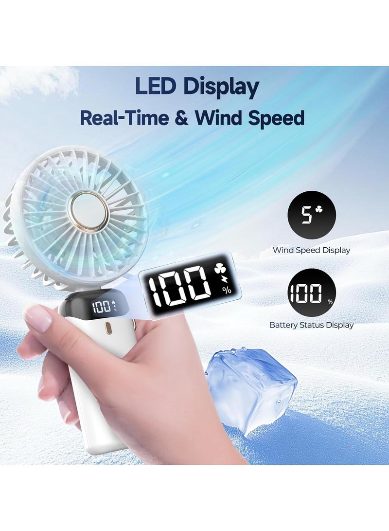 مروحة يدوية محمولة قابلة لإعادة الشحن، مروحة صغيرة تعمل ببطارية 5000 مللي أمبير في الساعة، 5 سرعات وشاشة LED، مروحة مكتب طويلة الأمد للمكتب وغرفة النوم والأنشطة الخارجية والسفر (أبيض) - Image 2
