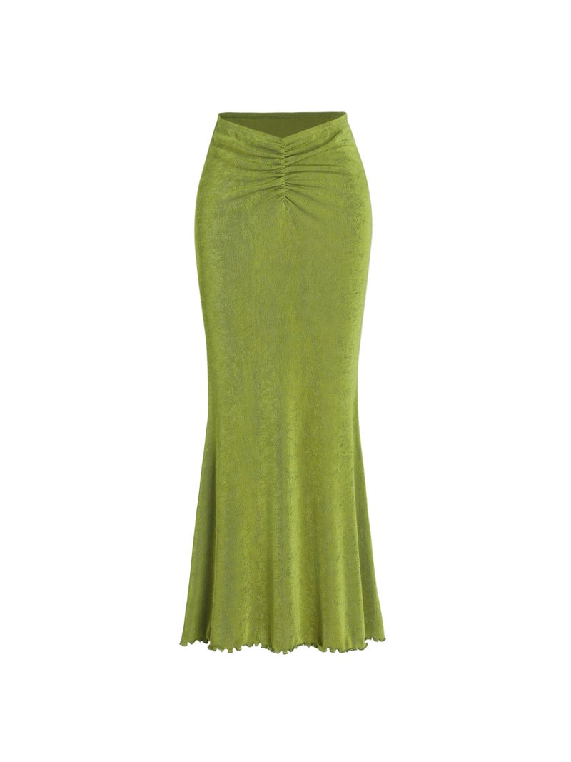 CIDER High Waist Skirts for Women - Solid Fishtail Ruched Bodycon Long Maxi Skirt Lettuce Trim Stretchy Dress Spring Fall: Green, S - Image 1