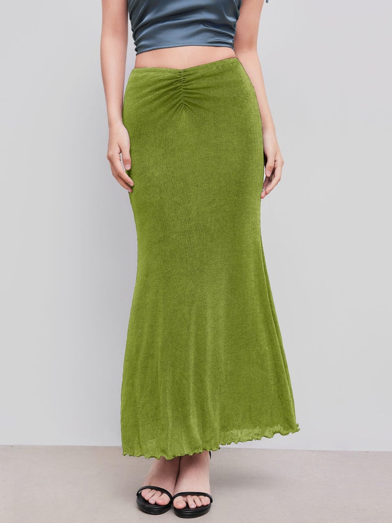 CIDER High Waist Skirts for Women - Solid Fishtail Ruched Bodycon Long Maxi Skirt Lettuce Trim Stretchy Dress Spring Fall: Green, S - Image 2