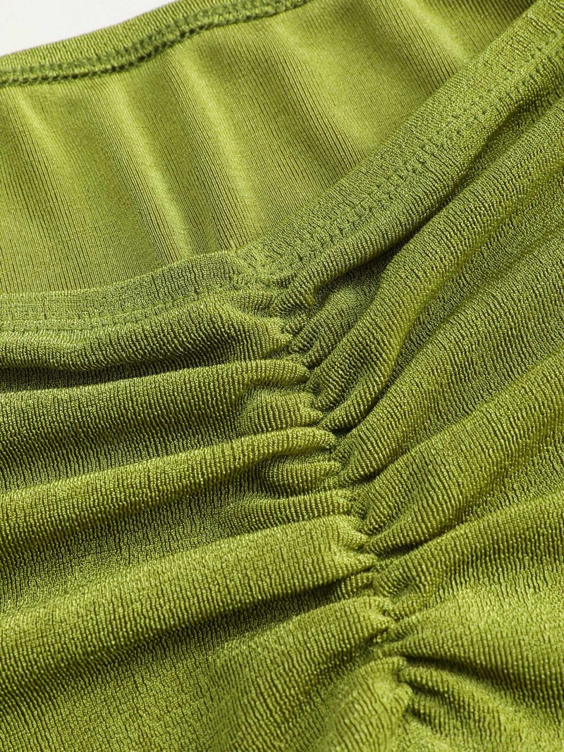 CIDER High Waist Skirts for Women - Solid Fishtail Ruched Bodycon Long Maxi Skirt Lettuce Trim Stretchy Dress Spring Fall: Green, S - Image 3
