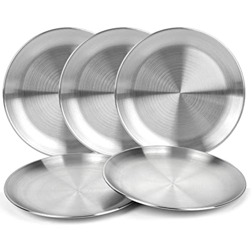 JXHAPY Reusable Brushed Metal Dinner Plates-Stainless Steel Round Plates,Dinner Plate Dish Heavy Duty Kitchenware Round Metal Plates | Dishwasher Safe |Use for BBQ Steak (8 Inch 5 Pack) - Image 1