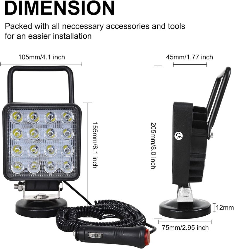 SKYWORLD 4 Inch 48W Portable Magnetic Base LED Work Light - 12V 24V Off-Road Driving Fog Lights for 4x4 Car SUV ATV Truck Tractor Excavator - Image 2