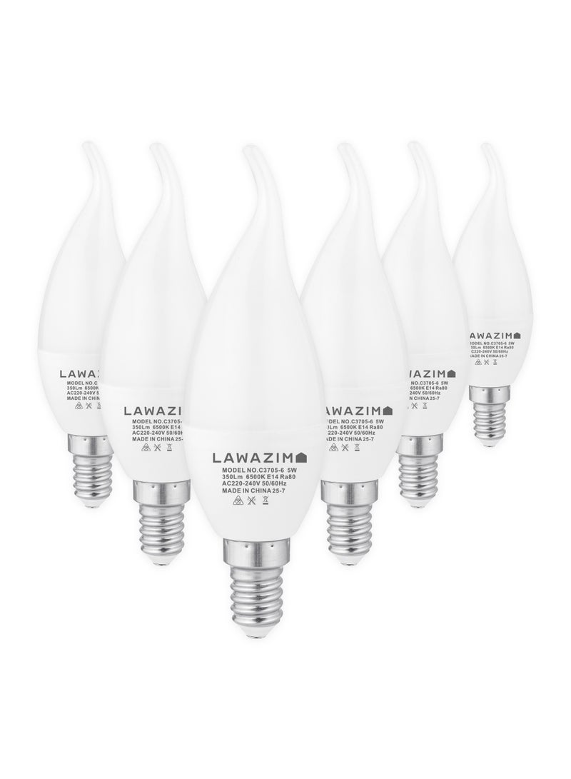 LAWAZIM 5W LED Candle C37 E14 - 6 Pack 6500K Daylight - Flame Tip Small Edison Screw SES 35W Equivalent Energy Saving Non-Dimmable Bulbs with 350 Lumens, 20,000 Hours - for Chandeliers, Wall Sconces - Image 1