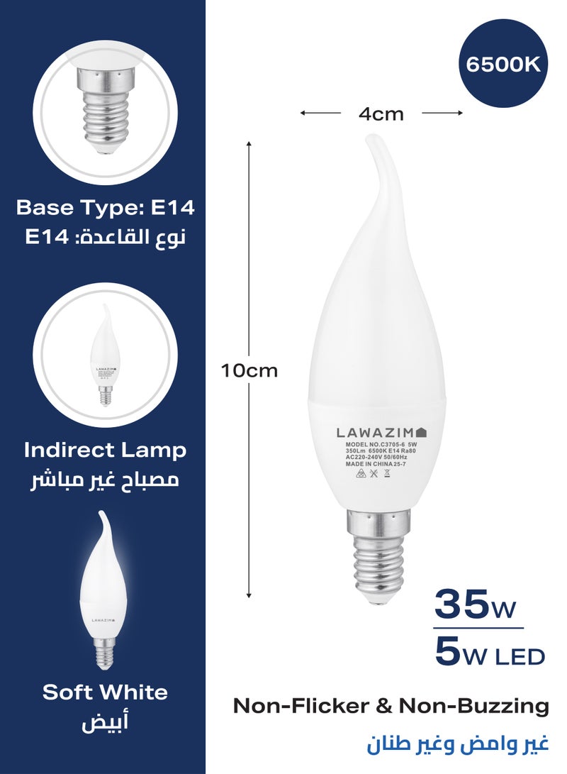 LAWAZIM 5W LED Candle C37 E14 - 6 Pack 6500K Daylight - Flame Tip Small Edison Screw SES 35W Equivalent Energy Saving Non-Dimmable Bulbs with 350 Lumens, 20,000 Hours - for Chandeliers, Wall Sconces - Image 2