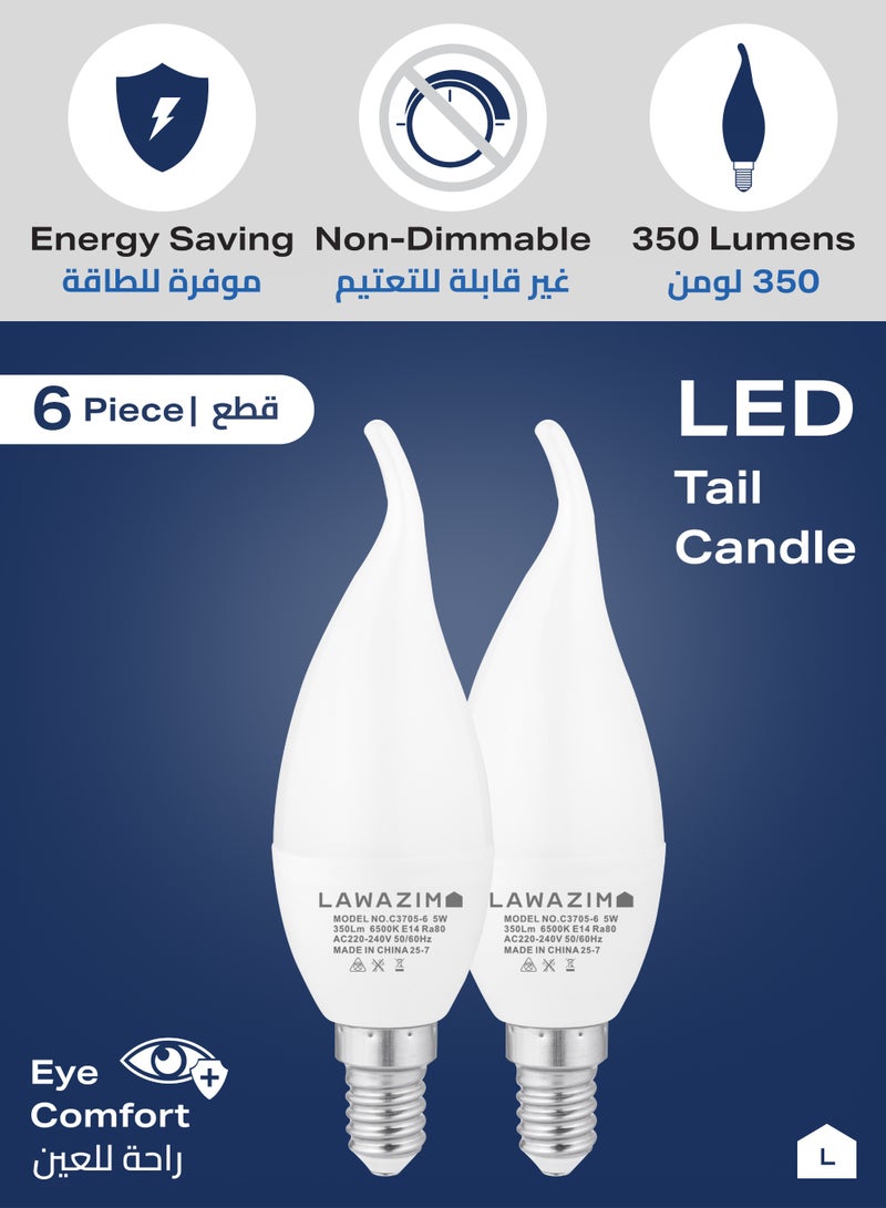LAWAZIM 5W LED Candle C37 E14 - 6 Pack 6500K Daylight - Flame Tip Small Edison Screw SES 35W Equivalent Energy Saving Non-Dimmable Bulbs with 350 Lumens, 20,000 Hours - for Chandeliers, Wall Sconces - Image 3