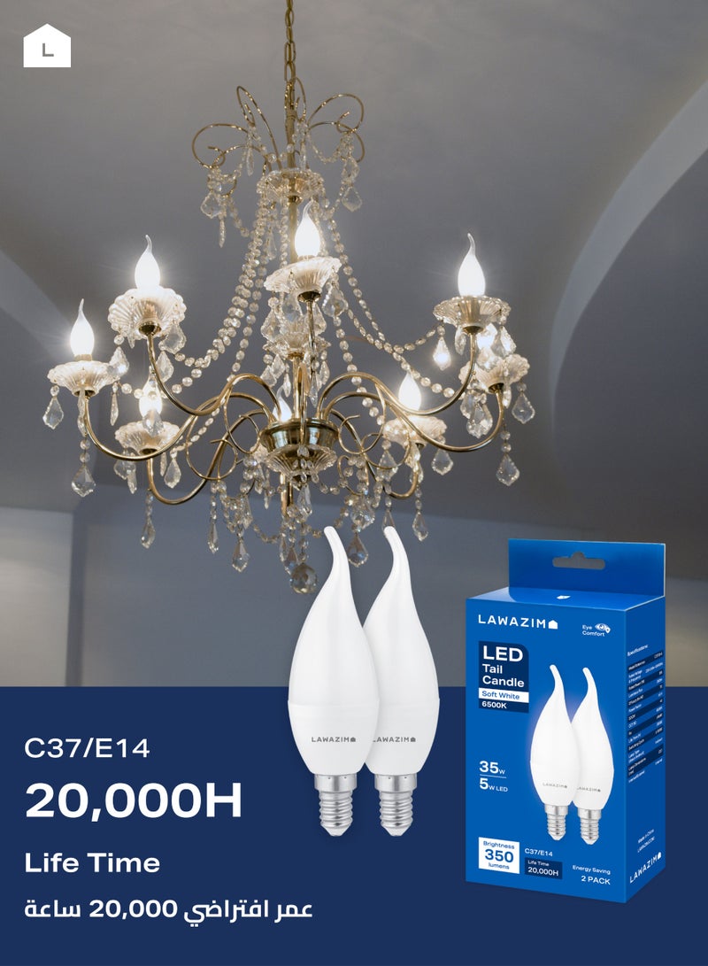 LAWAZIM 5W LED Candle C37 E14 - 6 Pack 6500K Daylight - Flame Tip Small Edison Screw SES 35W Equivalent Energy Saving Non-Dimmable Bulbs with 350 Lumens, 20,000 Hours - for Chandeliers, Wall Sconces - Image 4