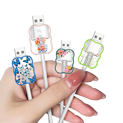 CameCosy Cute Flower Phone Charger Cable Protector for Samsung Android USB Charger,Butterfly Cherry Blossom Peony Pattern 4 PCS USB Cable Protectors,Phone Cord Protector for Women Girls,USB Charger Saver - Image 1