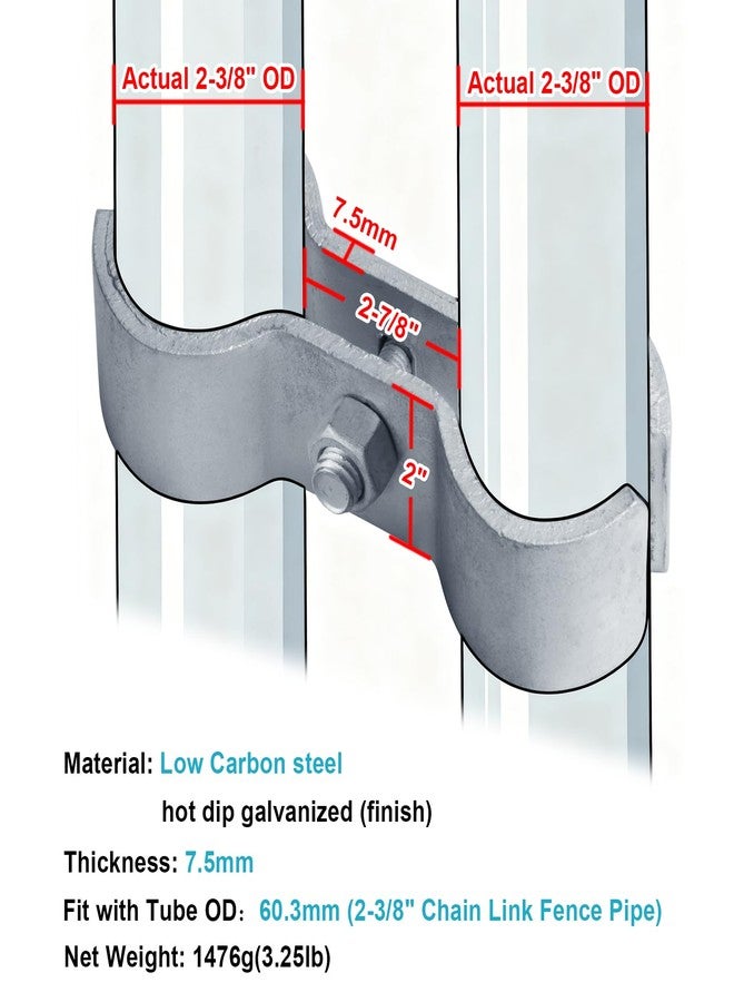 eoere 2 Sets Heavy Duty Galvanized Chain Link Fence Panel Clamps, Saddle Kennel Clamps Fits 2-1/2" (Actual 2-3/8" OD) Fence Post, Livestock Stall, 19/64" Thick - Image 3