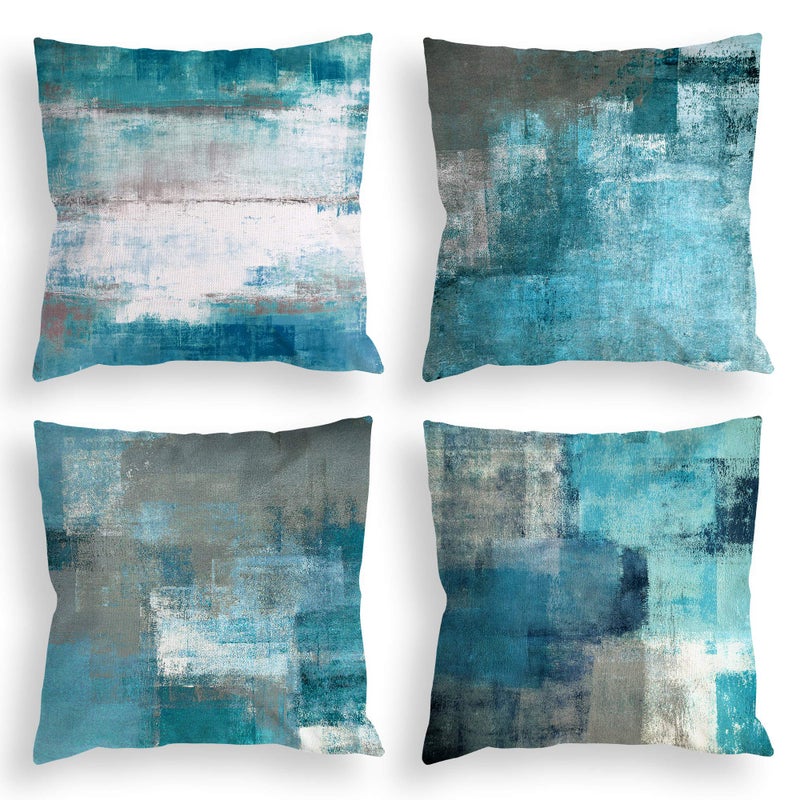 COLORPAPA COLORPAPA Teal Throw Pillow Covers 18x18 Set of 4 Decorative Cushion Cover Turquoise Grey Abstract Art Painting Pillowcase for Sofa Bedroom Living Room Dcor