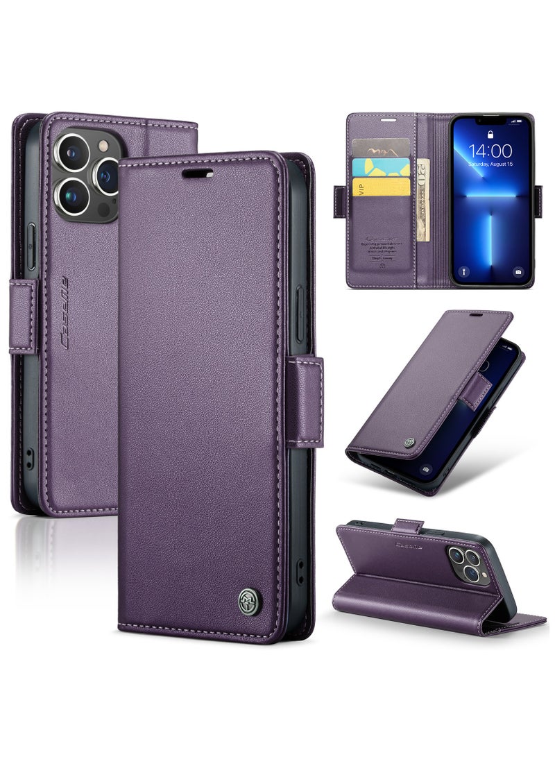حافظة جلدية مطوية مع مغناطيس قوي لحماية هاتف iPhone 13 Pro Max وبطاقات الائتمان - بنفسجي - Image 1