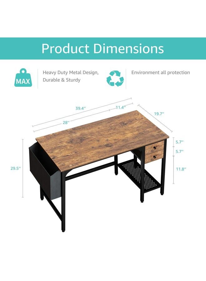 Lufeiya Computer Desk with Drawers - 40 Inch Work Small Desk for Bedroom Home Office, Simple Study Writing Table PC Desks with Drawer Storage Shelves, Rustic Brown - Image 3