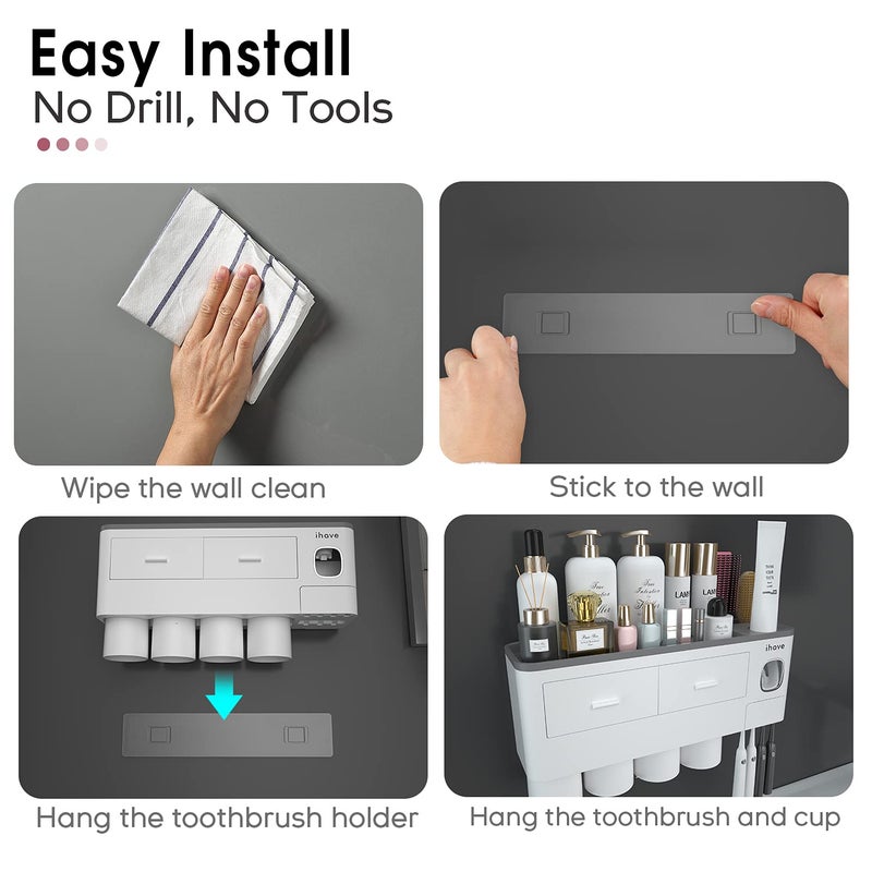 iHave Toothbrush Holders for Bathrooms, 4 Cups Toothbrush Holder Wall Mounted with Toothpaste Dispenser - Large Capacity Tray, 2 Cosmetic Drawer - Bathroom Organizer & Bathroom Accessories Set - Image 4