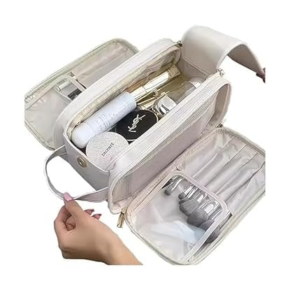 BUDGETBUDDY Womens Large Capacity Portable Travel Makeup Brush Toiletries Storage Cosmetic Bag Large Organizer Bag with Zipper Closure White - Image 2