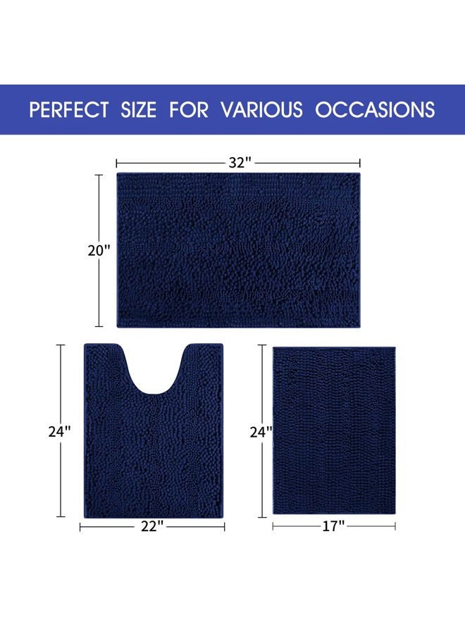 ACCUMTEK Striped Navy Blue Bathroom Rug Set 3 Pieces Ultra Soft, Non Slip Chenille Toilet Mat, Absorbent Plush Shaggy Bath Mats for Bathroom, Bedroom, Kitchen - Image 5