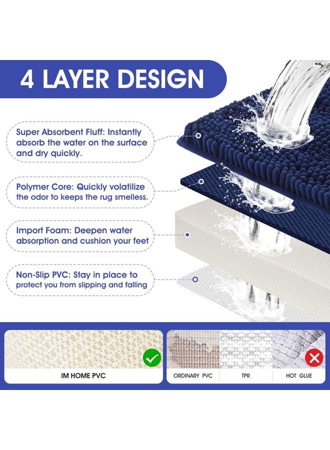 ACCUMTEK Striped Navy Blue Bathroom Rug Set 3 Pieces Ultra Soft, Non Slip Chenille Toilet Mat, Absorbent Plush Shaggy Bath Mats for Bathroom, Bedroom, Kitchen - Image 4
