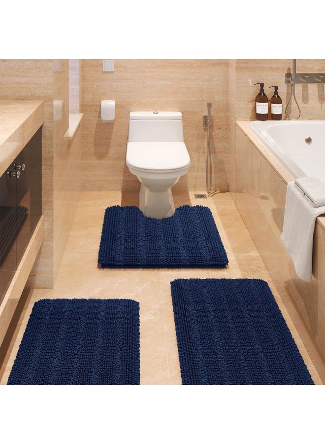 ACCUMTEK Striped Navy Blue Bathroom Rug Set 3 Pieces Ultra Soft, Non Slip Chenille Toilet Mat, Absorbent Plush Shaggy Bath Mats for Bathroom, Bedroom, Kitchen - Image 1