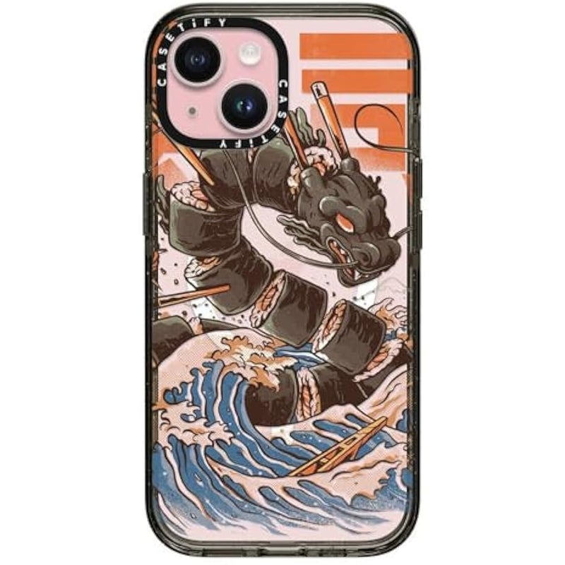 كاستيفي CASETiFY Impact Case for iPhone 15 【8.2ft 4X Military Grade Drop Protection/Compatible with Magsafe】 - Great Sushi Dragon - Clear Black - Image 1