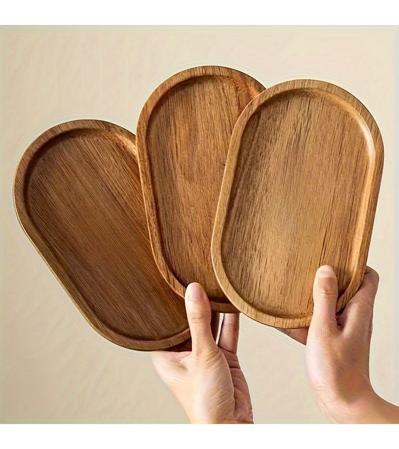 1pc Japanese Style Oval Wooden Serving Tray Multipurpose Platter For Home Kitchen Restaurant Breakfast Bread Dessert - Image 1
