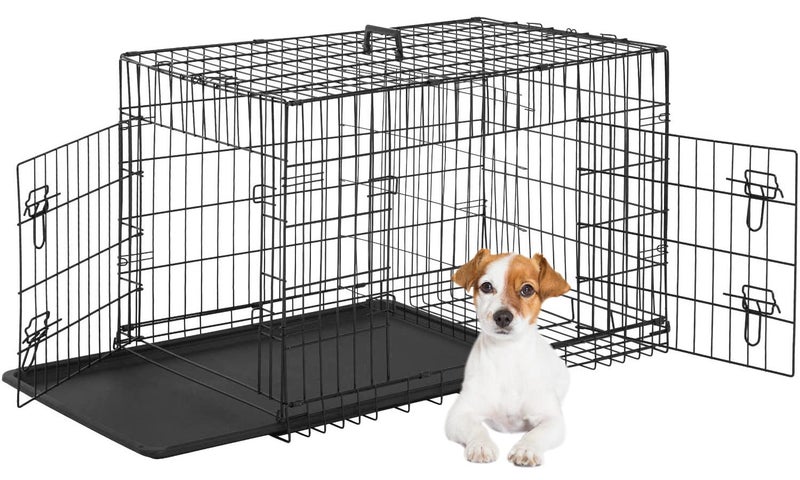 FDW Dog Crate for Small Dogs 24 Inch Folding Metal WirePet Cage Double Door W/Divider Panel Indoor Outdoor Kennel Leak-Proof Plastic Tray,Black - Image 1