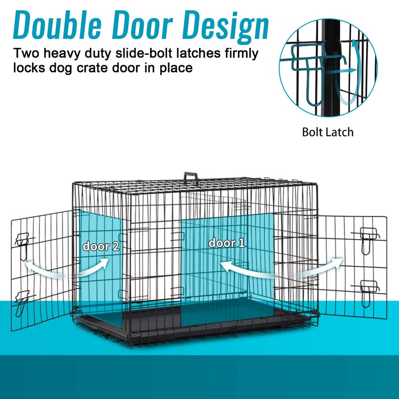 FDW Dog Crate for Small Dogs 24 Inch Folding Metal WirePet Cage Double Door W/Divider Panel Indoor Outdoor Kennel Leak-Proof Plastic Tray,Black - Image 3