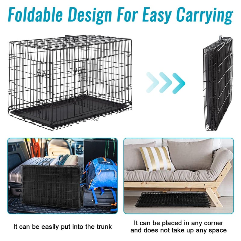 FDW Dog Crate for Small Dogs 24 Inch Folding Metal WirePet Cage Double Door W/Divider Panel Indoor Outdoor Kennel Leak-Proof Plastic Tray,Black - Image 4