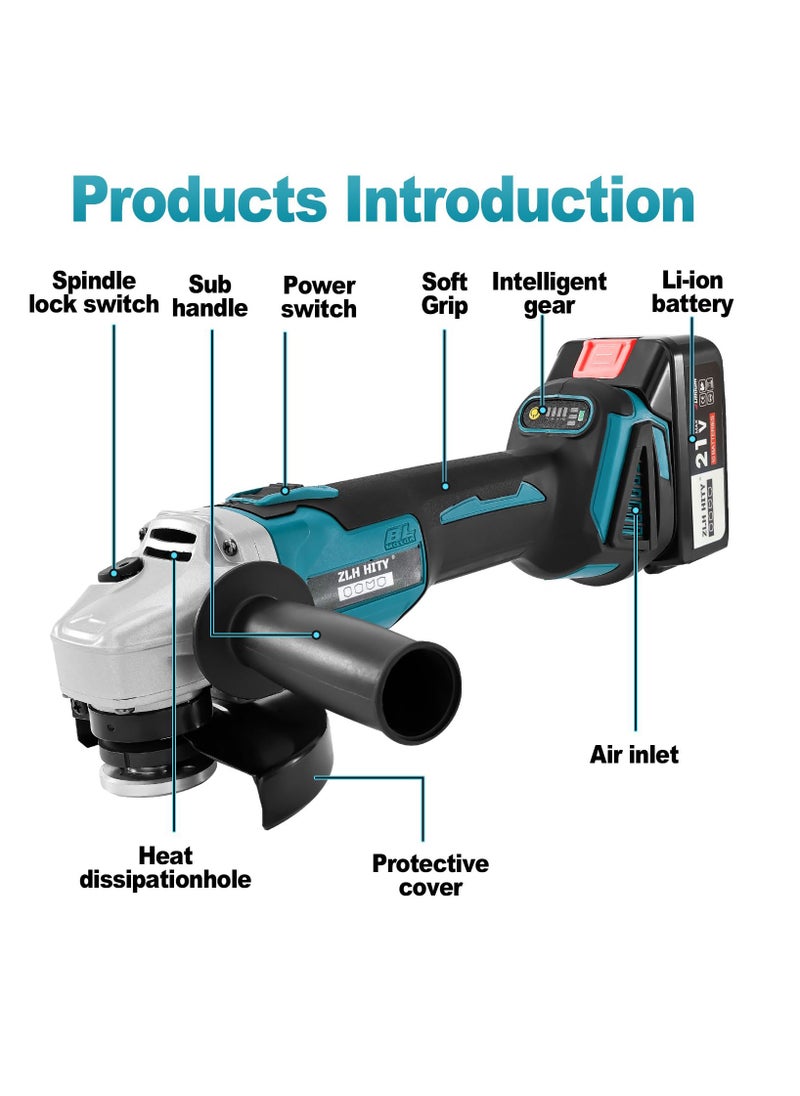 Cordless Angle Grinder, Electric Grinding Tool with 2 10-cell 21V Batteries, 9000RPM Brushless Electric Metal Grinder, 3 Variable Speeds for Cutting, Grinding, Polishing