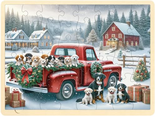 MoinKidz Wooden Christmas Puzzle 48 Piece Puzzle for Kids Ages 35 Dog Truck Snow Winter Holiday Farm Jigsaw Puzzles for Toddlers Ages 48 - Image 1