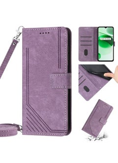 HuHa Case Cover Skin Feel Stripe Pattern Leather Phone Case with Lanyard for Realme C12 / C15 / C25 / C25s / 7i Global / Narzo 20 / Narzo 30A Purple 